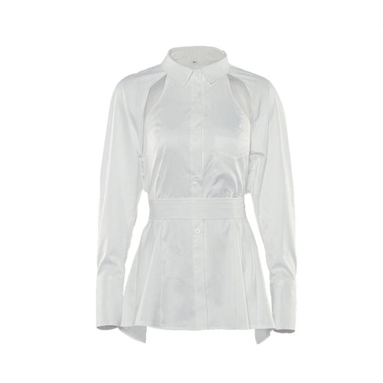 Damen Cut Out Rücken Bluse Langarm Mit Bindeband Und Knopfverschluss