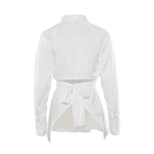 Damen Cut Out Rücken Bluse Langarm Mit Bindeband Und Knopfverschluss