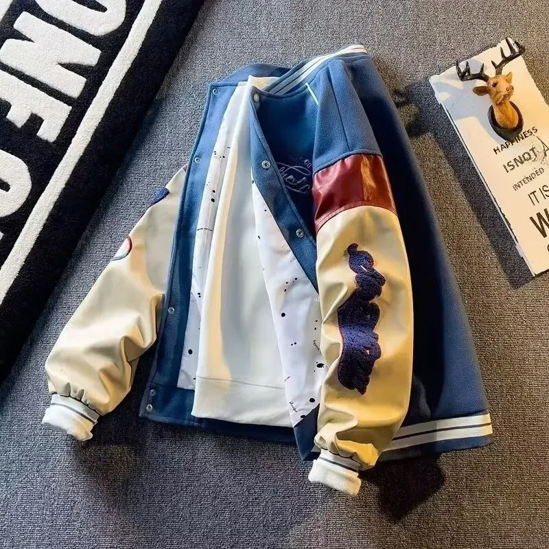 Herren Mantel Wolle Bestickt Jacke Baseball Stil Retro