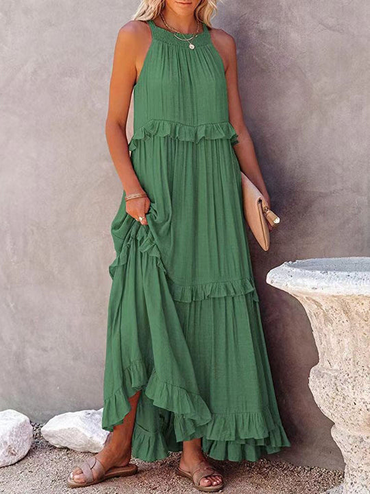 Damen Sommerkleid Ärmellos Bauchabdeckung Atmungsaktiv Rüschen