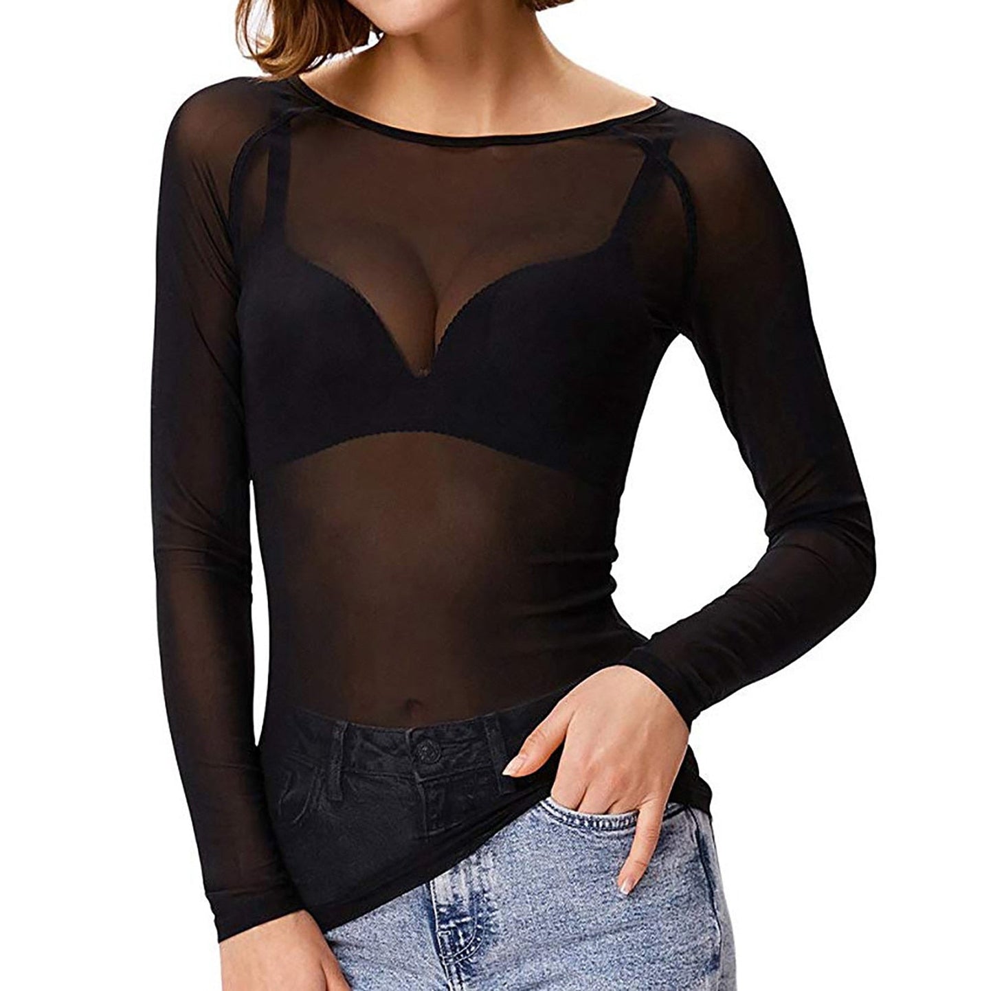 Damen Langärmeliges Mesh Top